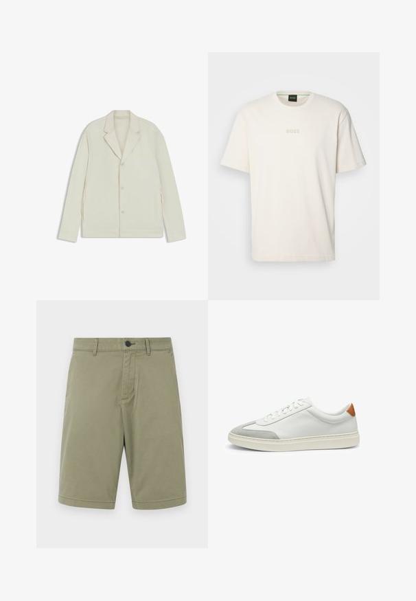 Light beige jacket with a notched lapel, button closure, and side zippers. Made from smooth, textured fabric with a tailored fit.; BOSS TEE - Basic T-shirt - open white; Khaki shorts made of cotton, featuring belt loops, a front button, and a flat front design with a clean finish and no pockets.; White leather sneakers with gray suede accents and a tan leather heel tab. Features a textured surface and lightweight sole.