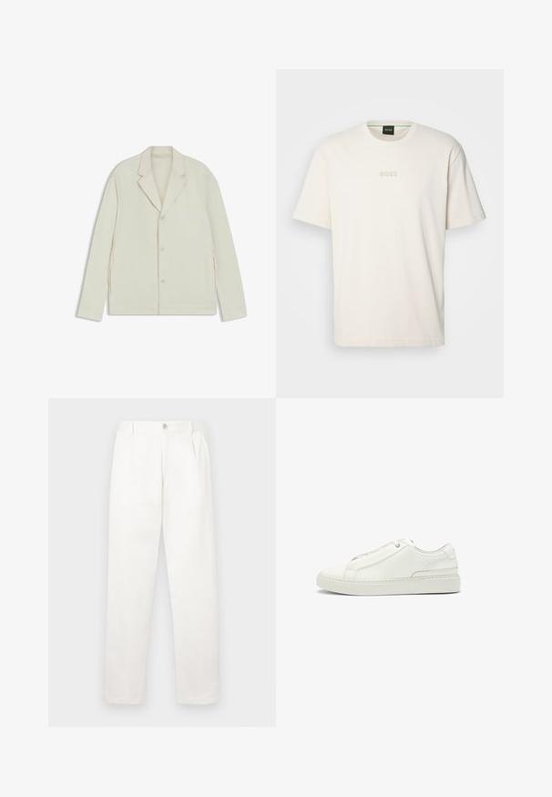 Ljus beige jacka med spetsiga slag, knappstängning och sidodragkedjor. Tillverkad av slätt, texturerat tyg med en skräddarsydd passform.; BOSS TEE - T-shirt - bas - open white; Vita byxor i ett mjukt tyg, med rak benform, framfickor och en enda knappstängning i midjan.; Vita lädersneaker med en texturerad ovandel, rund tå, minimalistisk design och en gummisula med sömdetaljer.