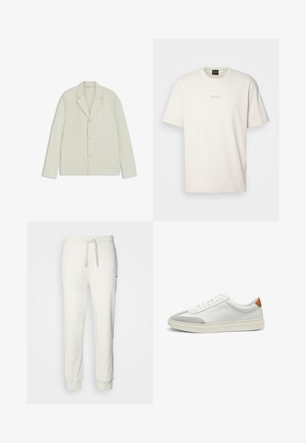 Helle beigefarbene Jacke mit Reverskragen, Knopfverschluss und seitlichen Reißverschlüssen. Hergestellt aus glattem, strukturiertem Material mit einer taillierten Passform.; BOSS TEE - T-Shirt basic - open white; HUGO DAYOTE - Jogginghose - natural; Weiße Leder-Sneaker mit grauen Wildlederakzenten und einer sandfarbenen Lederfersenschlaufe. Sie verfügen über eine strukturierte Oberfläche und eine leichte Sohle.