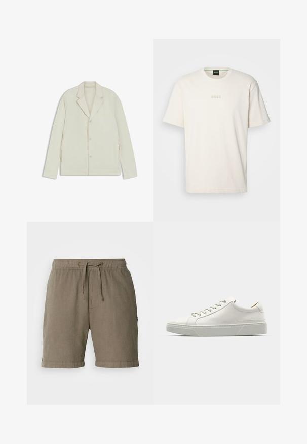 Light beige jacket with a notched lapel, button closure, and side zippers. Made from smooth, textured fabric with a tailored fit.; BOSS TEE - Basic T-shirt - open white; Beige linen shorts with an elastic waistband and drawstring. Features side pockets and cuffed hems for a relaxed fit.; White leather sneaker with a rounded toe, minimalist design, grey laces, and a textured grey rubber sole. Subtle stitching details visible.