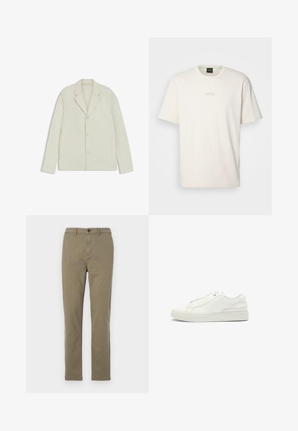 Light beige jacket with a notched lapel, button closure, and side zippers. Made from smooth, textured fabric with a tailored fit.; BOSS TEE - Basic T-shirt - open white; Olive green cotton chinos with a straight leg design, front button closure, and side pockets. Smooth texture and minimal detailing.; White leather sneaker featuring a textured upper, a round toe, minimalistic design, and a rubber sole with stitched detailing.