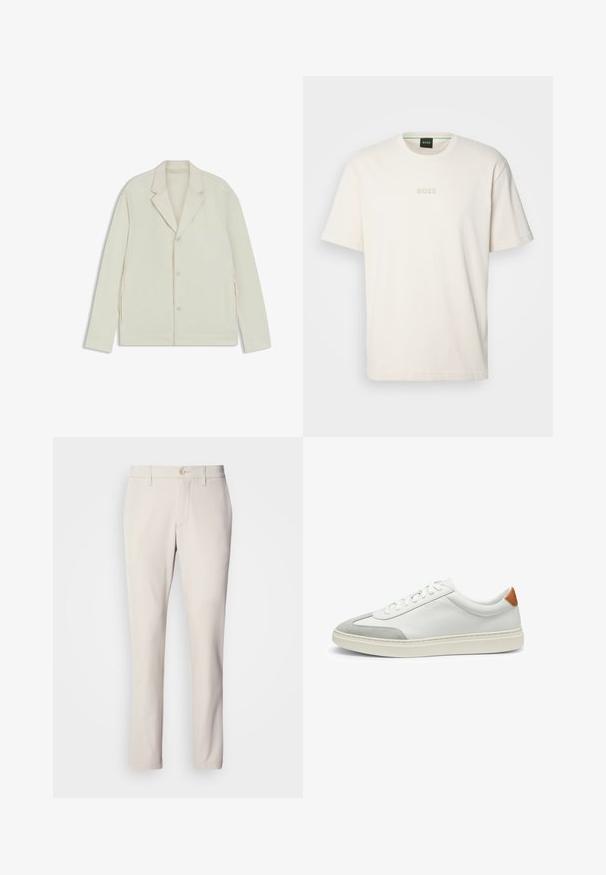 Light beige jacket with a notched lapel, button closure, and side zippers. Made from smooth, textured fabric with a tailored fit.; BOSS TEE - Basic T-shirt - open white; Beige trousers with a slim fit, featuring a front button closure, flat front design, and straight leg cut, made from smooth cotton blend fabric.; White leather sneakers with gray suede accents and a tan leather heel tab. Features a textured surface and lightweight sole.