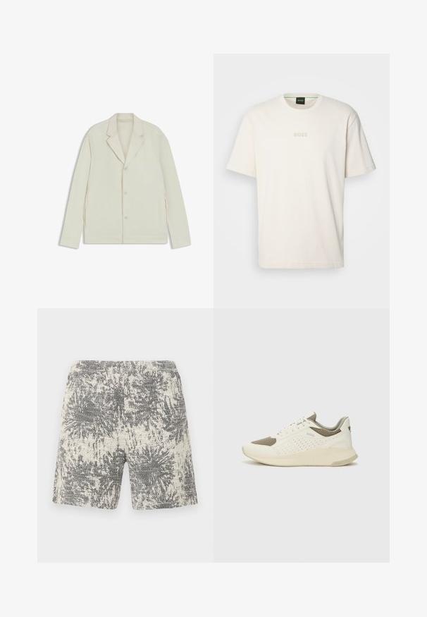 Giacca beige chiaro con rever a taglio, chiusura con bottoni e zip laterali. Realizzata in tessuto liscio e testurizzato con una vestibilità su misura.; BOSS TEE - T-shirt basic - open white; Pantaloni corti in maglia color crema e nero con un motivo astratto e testurizzato. La vita elastica offre comfort e facilità di indossamento.; Sneaker atletica bianca e beige chiaro, con tomaia in mesh, dettagli perforati e una suola intermedia texturizzata con marchio sul tallone.