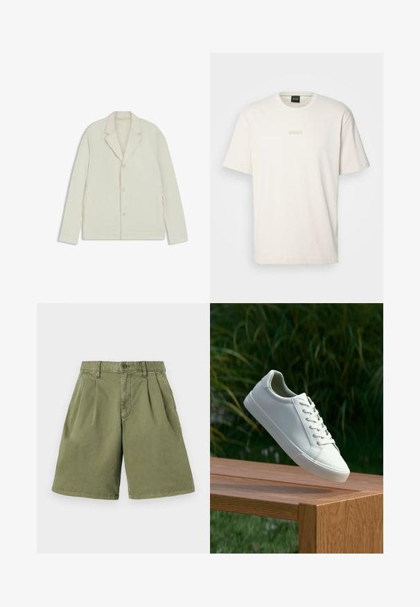 Giacca beige chiaro con rever a taglio, chiusura con bottoni e zip laterali. Realizzata in tessuto liscio e testurizzato con una vestibilità su misura.; BOSS TEE - T-shirt basic - open white; Pantaloni shorts khaki con pince frontali, realizzati in tessuto misto cotone. Presentano passanti per cintura e chiusura con bottone, taglio dritto e orlo pulito.; Sneaker bianco con lacci sospeso sopra una panchina di legno, con fogliame verde sullo sfondo, che mette in mostra il design e la texture della scarpa.