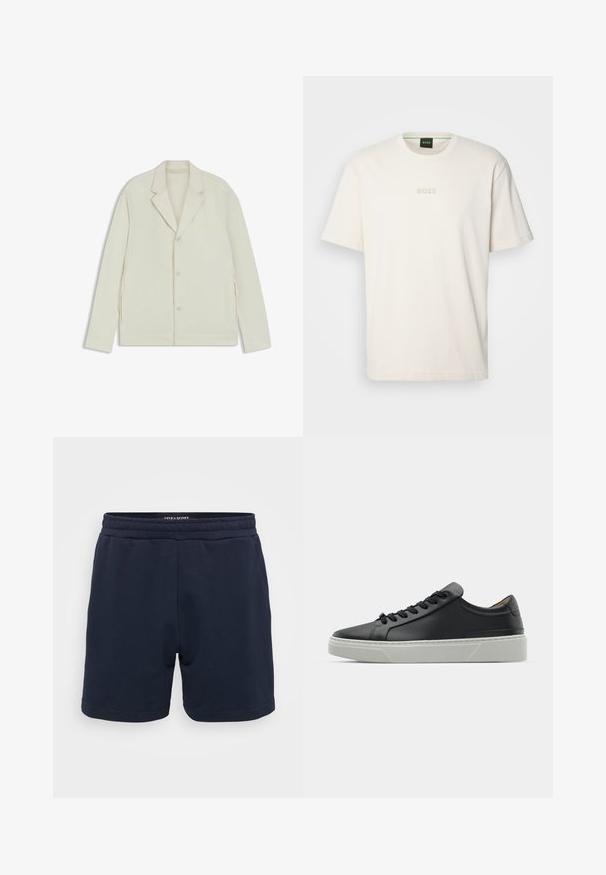 Light beige jacket with a notched lapel, button closure, and side zippers. Made from smooth, textured fabric with a tailored fit.; BOSS TEE - Basic T-shirt - open white; Navy blue cotton shorts with an elastic waistband, featuring a smooth texture and stitched hems. Small brand logo on the side.; Black leather sneaker with a smooth texture, round toe, and black laces. Features a thick, white rubber sole with subtle geometric accents.