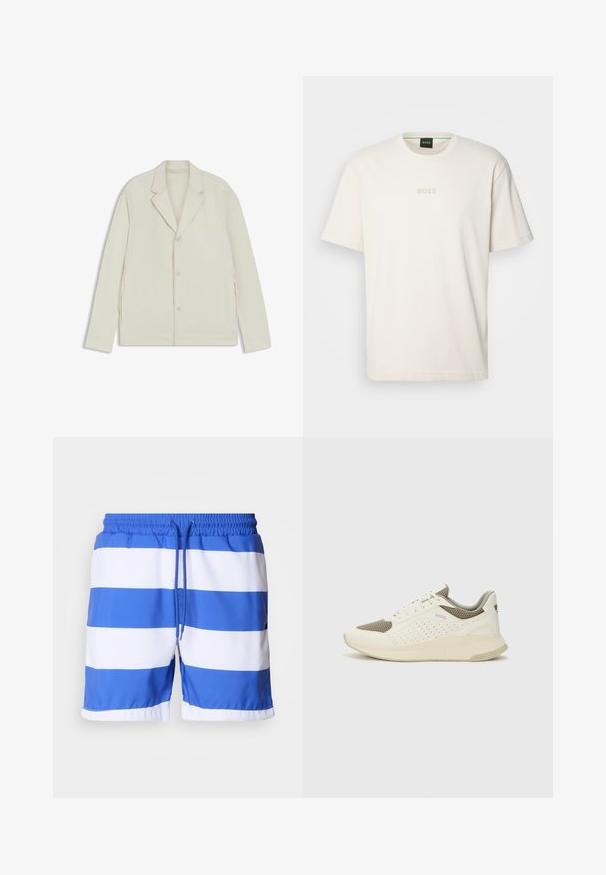 Giacca beige chiaro con rever a taglio, chiusura con bottoni e zip laterali. Realizzata in tessuto liscio e testurizzato con una vestibilità su misura.; BOSS TEE - T-shirt basic - open white; Pantaloni da bagno blu e bianchi a righe, realizzati in tessuto leggero, con una vita elastica e un cordoncino regolabile, caratterizzati da una superficie liscia.; Sneaker atletica bianca e beige chiaro, con tomaia in mesh, dettagli perforati e una suola intermedia texturizzata con marchio sul tallone.