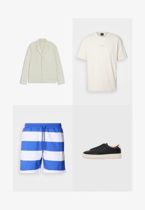 Helle beigefarbene Jacke mit Reverskragen, Knopfverschluss und seitlichen Reißverschlüssen. Hergestellt aus glattem, strukturiertem Material mit einer taillierten Passform.; BOSS TEE - T-Shirt basic - open white; Blau-weiß gestreifte Badeshorts aus leichtem Material, mit einem elastischen Bund und Kordelzug sowie einer glatten Oberfläche.; Schwarze Ledersneaker mit glatter Textur, beiger Gummisohle, Schnürdesign und einem kontrastierenden Fersenakzent.