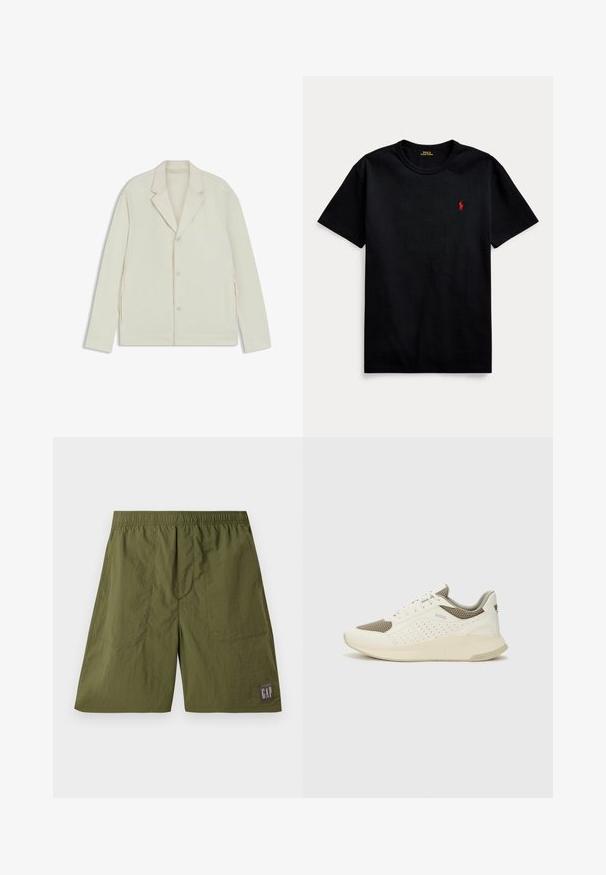 Helle beigefarbene Jacke mit Reverskragen, Knopfverschluss und seitlichen Reißverschlüssen. Hergestellt aus glattem, strukturiertem Material mit einer taillierten Passform.; Schwarzes Baumwoll-T-Shirt mit kurzen Ärmeln, Rundhalsausschnitt und kleinem roten gestickten Logo auf der linken Brust. Glatte Textur, lässiges Design.; Grüne Nylonshorts mit einem elastischen Bund, zwei Seitentaschen und einem Aufnäher mit "GAP" in Weiß auf einem dunkelgrauen Hintergrund.; Weiße und hellbeige Sport Sneakers, ausgestattet mit einem Obermaterial aus Netzgewebe, perforierten Details und einer strukturierten Zwischensohle mit Branding an der Ferse.