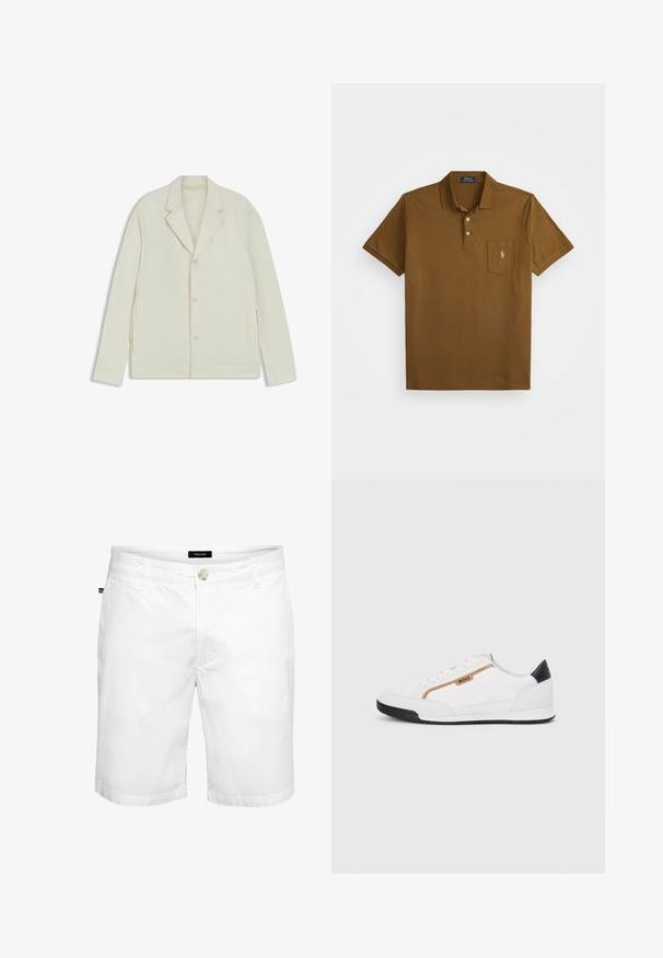 Lichtbeige jas met een geknipte revers, knoopsluiting en zijritsen. Gemaakt van een gladde, gestructureerde stof met een slim fit.; Bruin poloshirt van katoen met een kraag, twee knoopsluitingen en een borstzak aan de linkerkant met een geborduurd logo. Korte mouwen.; Witte katoenen shorts met een rechte snit, voorzien van een sluiting met een knoop aan de voorkant en standaardzakken, een gladde textuur en een clean design.; Witte sportieve schoenen met gaas- en lederen accenten. Voorzien van een gouden "BOSS" logo, gestructureerde zijpanelen en een zwarte hakkap. Rubberen zool.