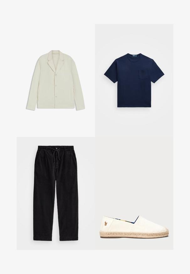 Light beige jacket with a notched lapel, button closure, and side zippers. Made from smooth, textured fabric with a tailored fit.; Navy blue cotton t-shirt with a crew neckline, short sleeves, and a left chest pocket. Smooth texture with a classic fit.; Black corduroy pants with a relaxed fit, featuring an elastic waistband with a drawstring, and side pockets. Fabric shows ribbed texture.; Canvas espadrille in off-white with a rope sole. Features a blue patterned lining and a small embroidered logo on the heel.
