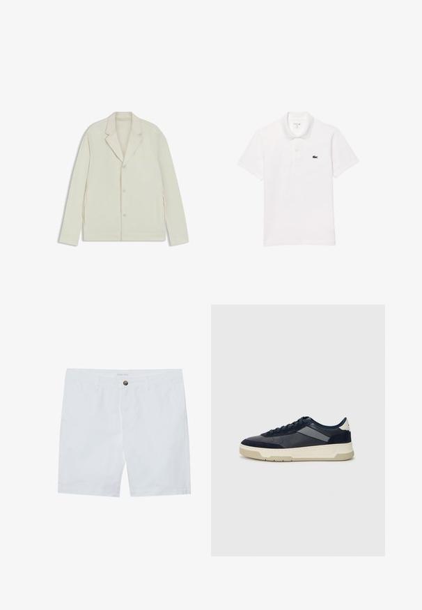 Helle beigefarbene Jacke mit Reverskragen, Knopfverschluss und seitlichen Reißverschlüssen. Hergestellt aus glattem, strukturiertem Material mit einer taillierten Passform.; Weißes Polohemd aus Baumwolle mit klassischem Kragen, kurzen Ärmeln und einem kleinen Logo in Marineblau auf der linken Brust.; Weiße Baumwollshorts mit einer Knopfverschluss vorne, zwei seitlichen Taschen und geradem Schnitt. Markenlabel "Pier One" am Bund.; BOSS BALTIMORE - Sneaker low - open blue