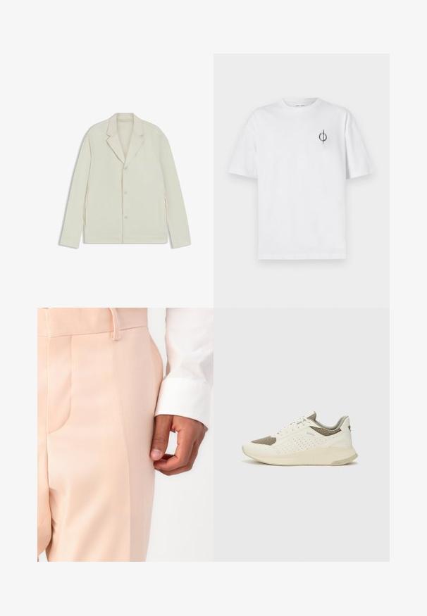Jasnobeżowa kurtka z wyłogowym kołnierzem, zapięciem na guziki i bocznymi zamkami. Wykonana z gładkiego, teksturowanego materiału o dopasowanym kroju.; Biała bawełniana koszulka o luźnym kroju, z małym czarnym graficznym logo na lewej piersi. Krótkie rękawy, klasyczny okrągły dekolt.; Jasnoróżowe dopasowane spodnie o gładkiej fakturze, z boczną kieszenią i pętelką na pasek, połączone z mankietem białej koszuli.; Białe i jasnobeżowe sneakersy sportowe, z siateczkową cholewką, perforowanymi detalami oraz teksturowaną podeszwą śródstopia z brandingiem na pięcie.