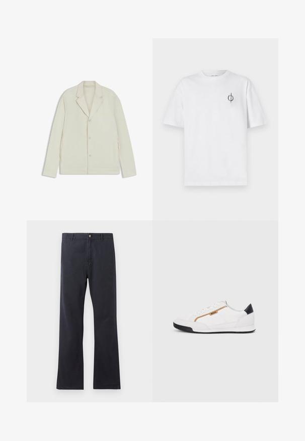 Giacca beige chiaro con rever a taglio, chiusura con bottoni e zip laterali. Realizzata in tessuto liscio e testurizzato con una vestibilità su misura.; T-shirt in cotone bianco con vestibilità rilassata, presenta un piccolo logo grafico nero nella zona sinistra del petto. Maniche corte, collo a giro.; Chinos blu navy in misto cotone, con taglio dritto, zip con bottone e passanti per cintura. Tessuto liscio con dettagli minimi.; Scarpe sportive bianche con accenti in rete e pelle. Presentano un logo dorato "BOSS", pannelli laterali testurizzati e un copri tallone nero. Suola in gomma.