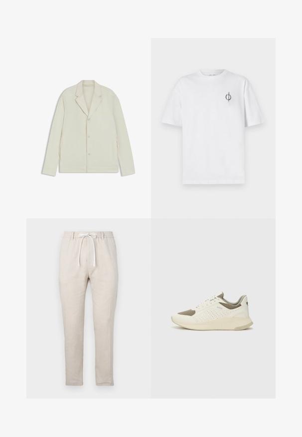 Light beige jacket with a notched lapel, button closure, and side zippers. Made from smooth, textured fabric with a tailored fit.; White cotton t-shirt with a relaxed fit, featuring a small black graphic logo on the left chest area. Short sleeves, crew neck style.; Beige linen trousers with a relaxed fit, elastic waistband, and a drawstring closure. Straight leg design with a smooth texture.; White and light beige athletic sneaker, featuring a mesh upper, perforated detailing, and a textured midsole with branding on the heel.