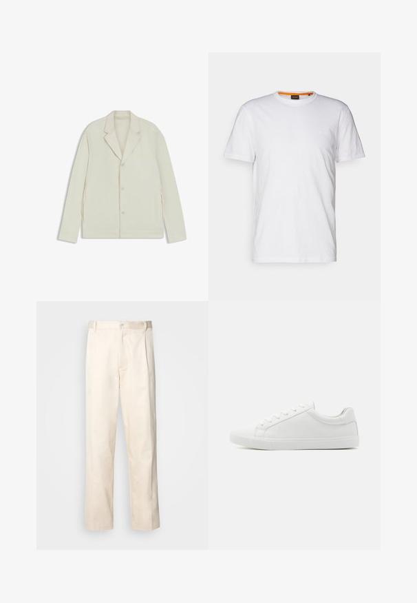 Light beige jacket with a notched lapel, button closure, and side zippers. Made from smooth, textured fabric with a tailored fit.; White cotton T-shirt with a crew neck, short sleeves, and a subtle embossed logo on the chest. Interior tag has an orange accent.; Beige cotton trousers with a straight-leg cut, featuring a button closure and pleats at the front for added detail.; White low-top sneakers made of smooth leather, featuring a rounded toe, six eyelets for laces, and a textured rubber sole.