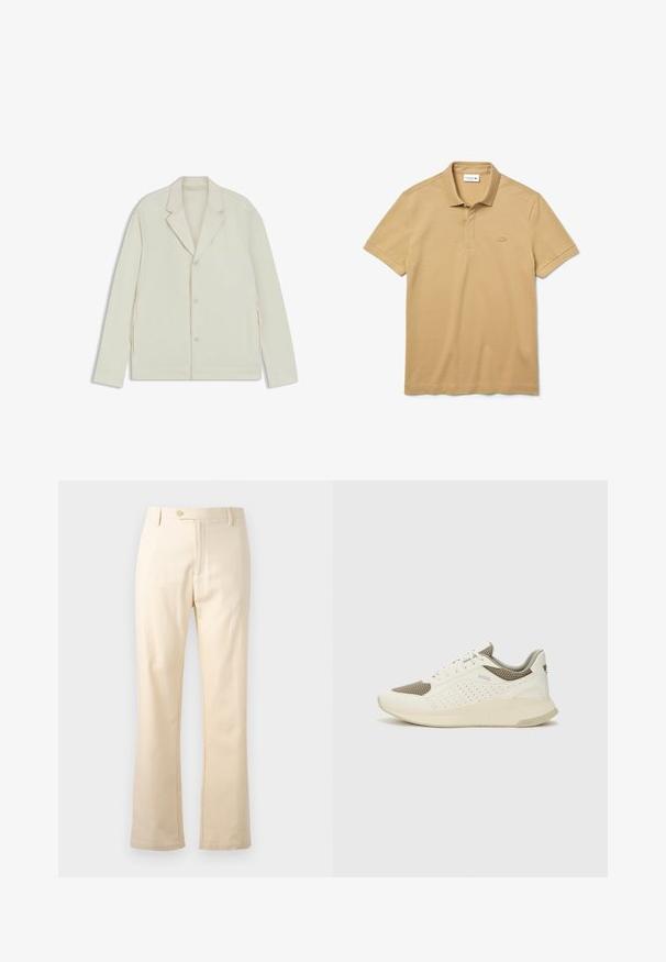 Lichtbeige jas met een geknipte revers, knoopsluiting en zijritsen. Gemaakt van een gladde, gestructureerde stof met een slim fit.; Beige Lacoste polo shirt gemaakt van katoen. Het heeft een ribbelkraag, een drieknoopsluiting en een ton sur ton geborduurd logo op de borst.; Beige katoenen broek met een rechte pasvorm, ritssluiting en knoopsluiting. Schoon ontwerp zonder zichtbare patronen of hardwareaccenten.; Witte en lichtbeige sport sneaker, met een bovenwerk van mesh, geperforeerde details en een gestructureerde tussenzool met branding op de hiel.