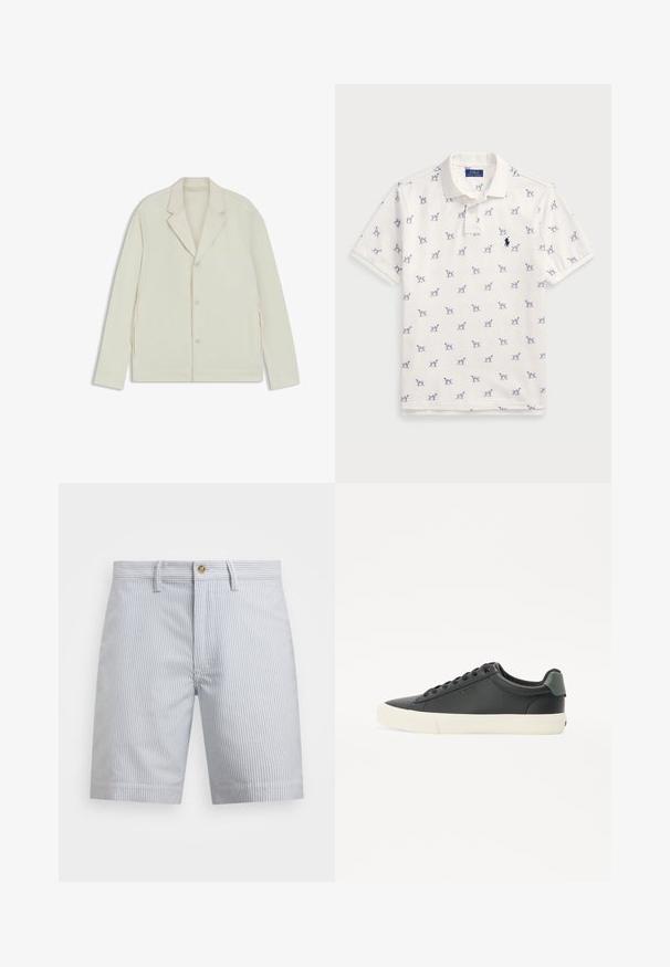 Ljus beige jacka med spetsiga slag, knappstängning och sidodragkedjor. Tillverkad av slätt, texturerat tyg med en skräddarsydd passform.; Vit polotröja i bomull med ett upprepat blått hundmönster och en liten blå logotyp på bröstet. Korta ärmar och krage.; Randiga shorts i ljusblått och vitt. Tillverkade av bomull, med knappstängning, sidofickor och en rak nederkant.; Svarta lädersneakers med en texturerad yta, vit gummisula, rund tå och grönt inslag vid hälen. Design med snörning genom sex öglor.