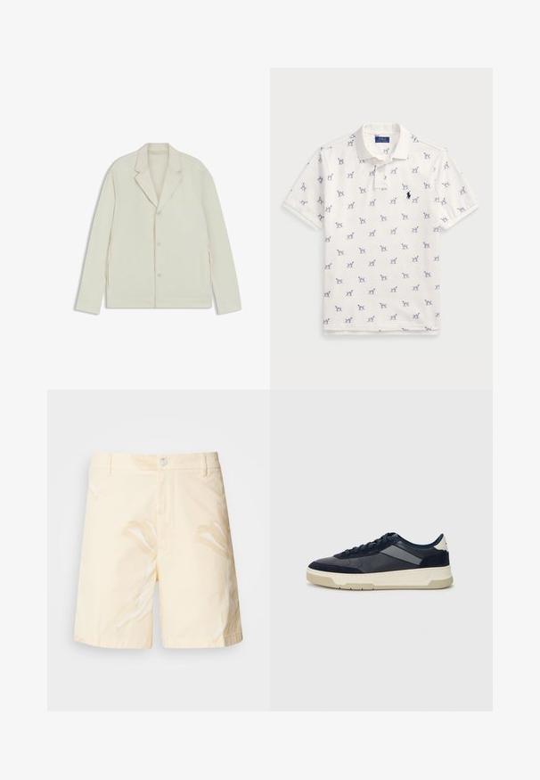 Light beige jacket with a notched lapel, button closure, and side zippers. Made from smooth, textured fabric with a tailored fit.; White polo shirt made of cotton, featuring a repeated blue dog pattern and a small blue logo on the chest. Short sleeves and collar.; Cotton shorts in pale yellow with a floral pattern. Features a button closure, front pockets, and a straight cut with hemmed edges.; BOSS BALTIMORE - Trainers - open blue