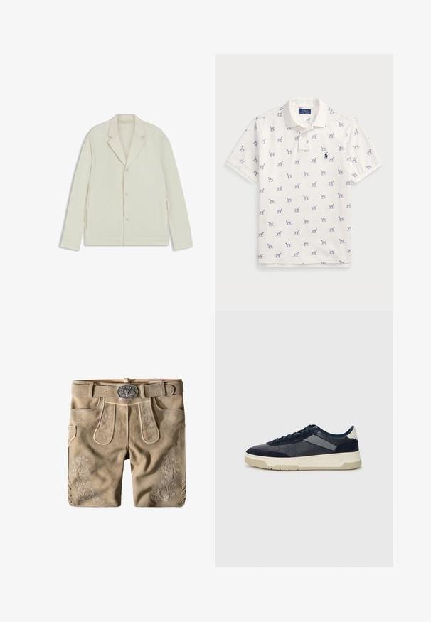 Light beige jacket with a notched lapel, button closure, and side zippers. Made from smooth, textured fabric with a tailored fit.; White polo shirt made of cotton, featuring a repeated blue dog pattern and a small blue logo on the chest. Short sleeves and collar.; Beige leather shorts with intricate floral embroidery, a silver belt buckle, and side lace accents. Soft suede texture throughout.; BOSS BALTIMORE - Trainers - open blue