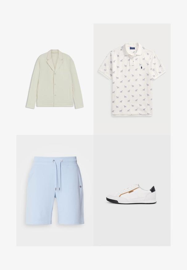 Lys beige jakke med klapkrave, knaplukning og sidelommer med lynlås. Lavet af glat, tekstureret stof med en skræddersyet pasform.; Hvid polo-shirt lavet af bomuld, med et gentaget blåt hundemønster og et lille blåt logo på brystet. Korte ærmer og krave.; Lyseblå shorts lavet af blødt stof, med en elastisk talje og snoretræk samt et lille logo på forsiden.; Hvide atletiske sko med mesh og læderdetaljer. Har et gyldent "BOSS" logo, teksturerede sidepaneler og en sort hælkappe. Gummisål.