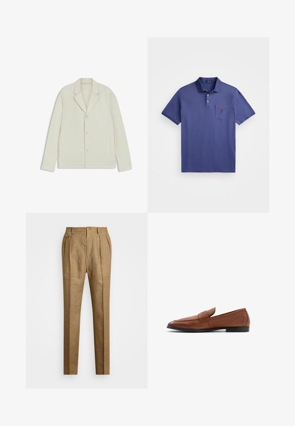 Lys beige jakke med klapkrave, knaplukning og sidelommer med lynlås. Lavet af glat, tekstureret stof med en skræddersyet pasform.; Lilla polo skjorte lavet af bomuld, med en tre-knap slå-om, korte ærmer og en brystlomme med en rød logo broderi.; Brune ternede bukser med en struktureret pasform, der har plisseret front, to sidelommer og knaplukning. Glat tekstur med et skræddersyet design.; Brune læder loafers med en lav silhuet, rund tå og syet detaljering på vampen. Solid sort sål med en glat finish.