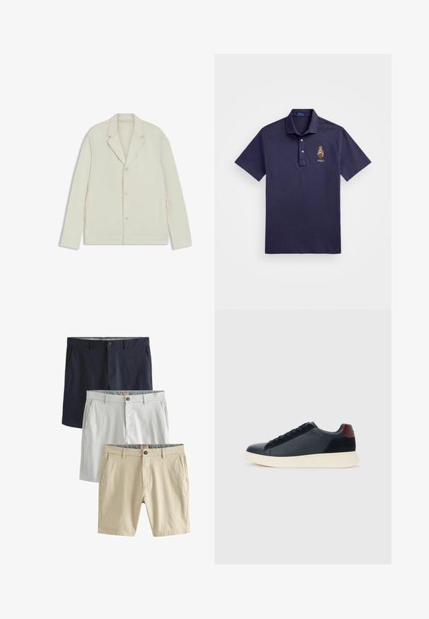 Lichtbeige jas met een geknipte revers, knoopsluiting en zijritsen. Gemaakt van een gladde, gestructureerde stof met een slim fit.; Polo Ralph Lauren CUSTOM SLIM POLO BEAR MESH POLO SHIRT - Poloshirt - faded blue bear; Drie paar shorts: marineblauw, lichtgrijs en beige, allemaal gemaakt van gladde stof, met voorzakken en knoopsluitingen.; Lage herensneaker van zwart leer en suede met een bordeauxrode hieltab en een witte rubberen zool, gezien vanuit de buitenkant.