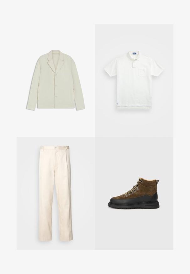 Giacca beige chiaro con rever a taglio, chiusura con bottoni e zip laterali. Realizzata in tessuto liscio e testurizzato con una vestibilità su misura.; Polo bianco in cotone, con colletto classico, placca con tre bottoni e taschino sul lato sinistro del petto; piccolo logo sull'orlo.; Pantaloni in cotone beige con taglio dritto, dotati di chiusura a bottone e pence sul davanti per un tocco di dettaglio in più.; Stivali da trekking in suede marrone con suola in gomma nera, punta rotonda e lacci verdi. Presentano un collo imbottito e un laccio per una facile calzata.