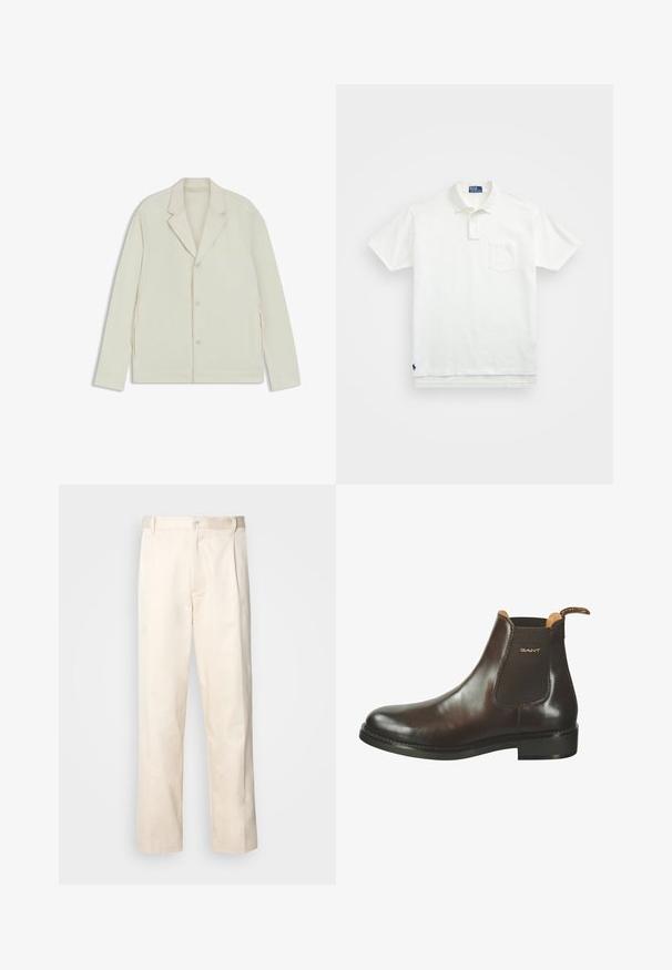 Chaqueta de color beige claro con solapas en pico, cierre de botones y cremalleras laterales. Fabricada con una tela suave y texturizada, con un corte a medida.; Camisa polo blanca de algodón, con un collar clásico, una tapeta de tres botones y un bolsillo en el pecho izquierdo; pequeño logo en el dobladillo.; Pantalones de algodón beige con corte recto, que cuentan con un cierre de botón y pliegues en la parte frontal para un detalle adicional.; Bota Chelsea de cuero marrón con acabado liso, paneles laterales elásticos y una pequeña tira en el talón. Cuenta con una suela de goma duradera.