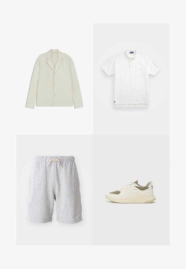 Giacca beige chiaro con rever a taglio, chiusura con bottoni e zip laterali. Realizzata in tessuto liscio e testurizzato con una vestibilità su misura.; Polo bianco in cotone, con colletto classico, placca con tre bottoni e taschino sul lato sinistro del petto; piccolo logo sull'orlo.; Pantaloni corti in cotone grigi con vita elastica e coulisse. Lunghezza fino a metà coscia, con cuciture laterali e texture morbida. Senza tasche o motivi visibili.; Sneaker atletica bianca e beige chiaro, con tomaia in mesh, dettagli perforati e una suola intermedia texturizzata con marchio sul tallone.