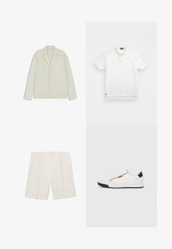 Light beige jacket with a notched lapel, button closure, and side zippers. Made from smooth, textured fabric with a tailored fit.; White polo shirt made of cotton, featuring a classic collar, three-button placket, and a left chest pocket; small logo at the hem.; Beige tailored shorts, made of lightweight fabric. Features a button closure, two front pockets, and a straight-leg design. Smooth texture.; White athletic shoes with mesh and leather accents. Features a gold "BOSS" logo, textured side panels, and a black heel cap. Rubber sole.
