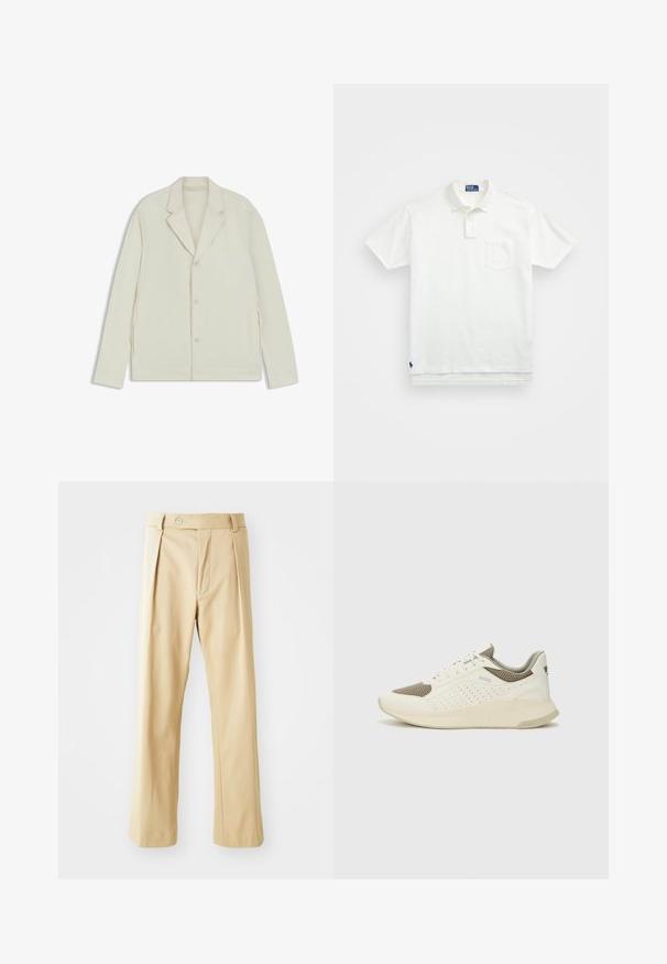 Lichtbeige jas met een geknipte revers, knoopsluiting en zijritsen. Gemaakt van een gladde, gestructureerde stof met een slim fit.; Witte poloshirt van katoen, met een klassieke kraag, een knoopsluiting met drie knopen en een borstzak aan de linkerkant; klein logo aan de onderrand.; Beige broeken met een rechte pijpdesign, voorzien van frontplooien, een knoopsluiting en een zachte textuur. Geen zichtbare patronen of accenten.; Witte en lichtbeige sport sneaker, met een bovenwerk van mesh, geperforeerde details en een gestructureerde tussenzool met branding op de hiel.