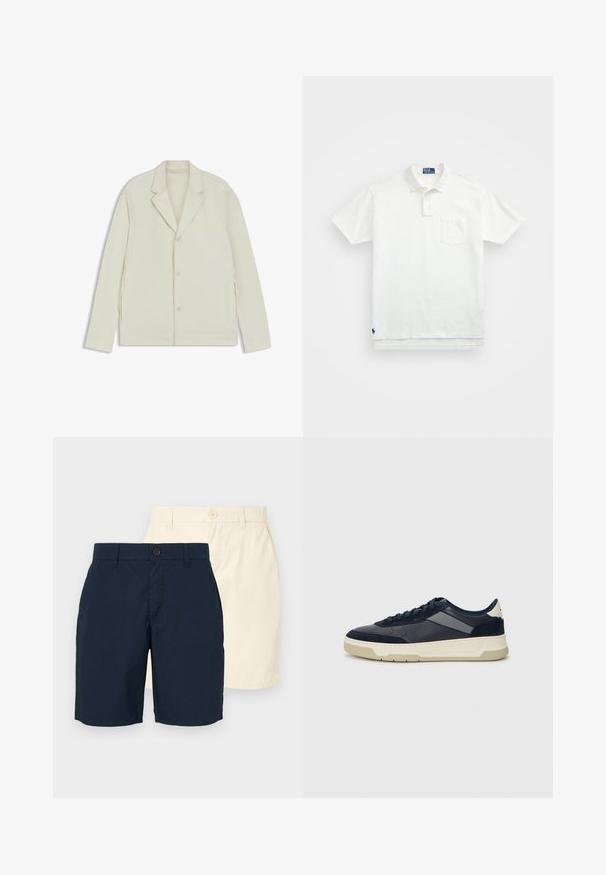 Light beige jacket with a notched lapel, button closure, and side zippers. Made from smooth, textured fabric with a tailored fit.; White polo shirt made of cotton, featuring a classic collar, three-button placket, and a left chest pocket; small logo at the hem.; Two pairs of shorts: one navy blue and one light beige. Both have a straight cut, button closure, and smooth, lightweight fabric.; BOSS BALTIMORE - Trainers - open blue