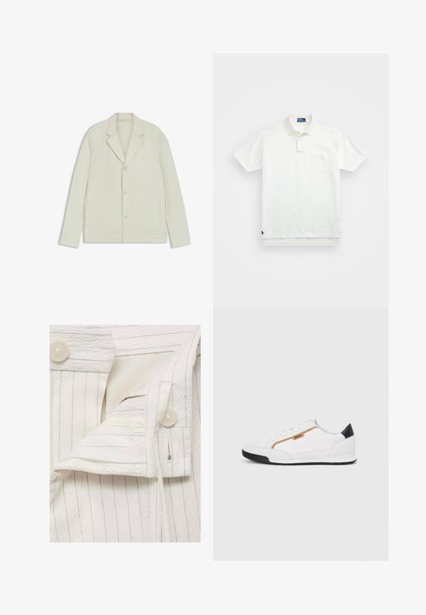 Jasnobeżowa kurtka z wyłogowym kołnierzem, zapięciem na guziki i bocznymi zamkami. Wykonana z gładkiego, teksturowanego materiału o dopasowanym kroju.; Biała koszulka polo wykonana z bawełny, z klasycznym kołnierzykiem, trzema guzikami oraz kieszonką na lewym piersi; małe logo na dolnym brzegu.; Biała, teksturowana tkanina z pionowymi prążkami; posiada guziki i zapięcie na sznurek; zawiera detal z wewnętrzną kieszenią.; Białe buty sportowe z siateczkowymi i skórzanymi akcentami. Posiadają złote logo "BOSS", teksturowane boczne panele i czapkę pięty w kolorze czarnym. Gumowa podeszwa.