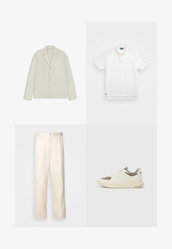 Giacca beige chiaro con rever a taglio, chiusura con bottoni e zip laterali. Realizzata in tessuto liscio e testurizzato con una vestibilità su misura.; Polo bianco in cotone, con colletto classico, placca con tre bottoni e taschino sul lato sinistro del petto; piccolo logo sull'orlo.; Pantaloni in cotone beige con taglio dritto, dotati di chiusura a bottone e pence sul davanti per un tocco di dettaglio in più.; Sneaker atletica bianca e beige chiaro, con tomaia in mesh, dettagli perforati e una suola intermedia texturizzata con marchio sul tallone.