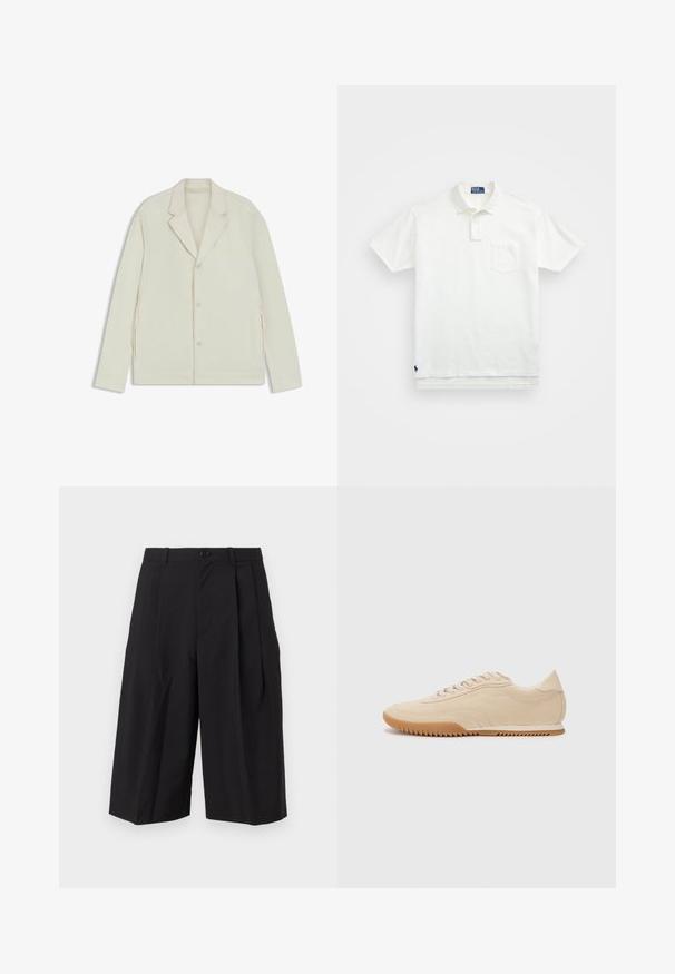 Valkoinenbeige takki, jossa on sahalaita, napitus ja sivuvetoketjut. Valmistettu sileästä, teksturoidusta kankaasta, joka on muotoiltu hyvin istuvaksi.; Valkoinen puuvillapaita, jossa on klassinen kaulus, kolmen napin malli ja vasemmalla rintatasku; pieni logo helman kohdalla.; Mustat viikattut shortsit, jotka on valmistettu sileästä kankaasta. Shortsien etupuolella on nappilukko ja leveät, löysät lahkeet.; Vaaleanbeige mokkanahkakengät, joissa on virtaviivainen muotoilu, teksturoitu päällinen, pyöreä kärki ja kumipohja, jossa on zikzak-kuvio.