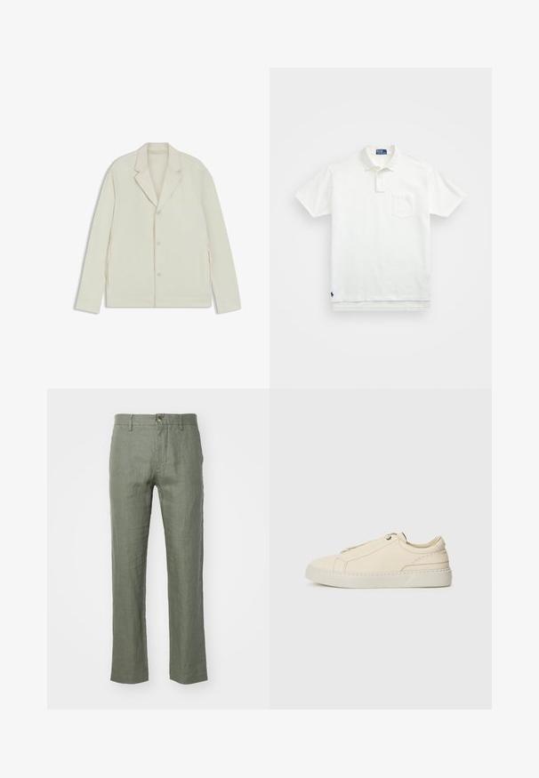 Light beige jacket with a notched lapel, button closure, and side zippers. Made from smooth, textured fabric with a tailored fit.; White polo shirt made of cotton, featuring a classic collar, three-button placket, and a left chest pocket; small logo at the hem.; Lightweight, olive green linen trousers with a straight leg, featuring a button closure and a textured finish. No pockets visible.; Beige leather sneaker with a rounded toe, minimalistic design, subtle stitching details, and a textured upper, on a light sole.
