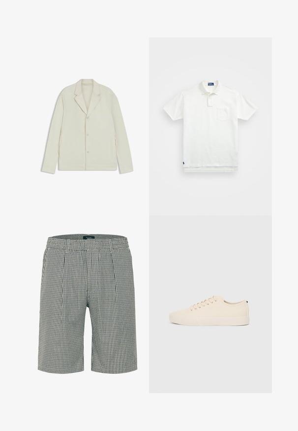 Jasnobeżowa kurtka z wyłogowym kołnierzem, zapięciem na guziki i bocznymi zamkami. Wykonana z gładkiego, teksturowanego materiału o dopasowanym kroju.; Biała koszulka polo wykonana z bawełny, z klasycznym kołnierzykiem, trzema guzikami oraz kieszonką na lewym piersi; małe logo na dolnym brzegu.; Męskie dopasowane szorty w granatowo-kremową kratę. Posiadają płaski przód, dwie boczne kieszenie oraz pasek z szlufkami.; Beżowe trampki z płóciennym wierzchem, okrągłym noskiem, płaską gumową podeszwą oraz sznurówką z przodu. Charakteryzują się minimalistycznym designem i kontrastowym czarnym akcentem na pięcie.