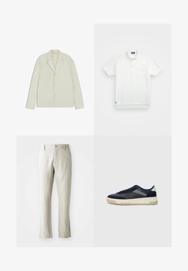 Jasnobeżowa kurtka z wyłogowym kołnierzem, zapięciem na guziki i bocznymi zamkami. Wykonana z gładkiego, teksturowanego materiału o dopasowanym kroju.; Biała koszulka polo wykonana z bawełny, z klasycznym kołnierzykiem, trzema guzikami oraz kieszonką na lewym piersi; małe logo na dolnym brzegu.; Jasno beżowe lniane spodnie o prostym kroju, subtelnej teksturze, z zapięciem na guzik z przodu oraz dwoma kieszeniami po bokach. Dopasowane, by zapewnić schludny sylwetkę.; BOSS BALTIMORE niebieski