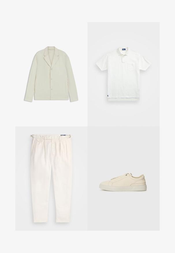 Veste beige clair avec un col cranté, fermeture à bouton et zips latéraux. Fabriquée en tissu lisse et texturé avec une coupe ajustée.; Polo shirt blanc en coton, avec un col classique, une patte de boutonnage à trois boutons et une poche sur la poitrine à gauche ; petit logo en bas.; Pantalons en mélange de coton blanc avec une coupe décontractée, pli en avant et passants de ceinture. Comprend des poches latérales et des ourlets à revers.; Baskets en cuir beige avec une toe arrondie, un design minimaliste, des détails de couture subtils et une tige texturée, sur une semelle claire.