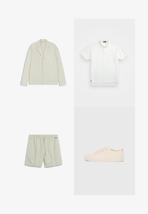 Veste beige clair avec un col cranté, fermeture à bouton et zips latéraux. Fabriquée en tissu lisse et texturé avec une coupe ajustée.; Polo shirt blanc en coton, avec un col classique, une patte de boutonnage à trois boutons et une poche sur la poitrine à gauche ; petit logo en bas.; Shorts vert clair avec une taille élastique, fermeture à cordon, poches latérales et coupe ample. Fabriqués en tissu doux et respirant.; Baskets en toile beige avec bout arrondi, semelle en caoutchouc plate et lacets à l'avant. Présente un design minimaliste et un accent noir contrastant au niveau du talon.
