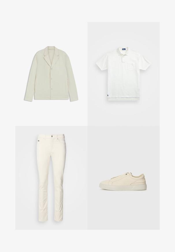 Helle beigefarbene Jacke mit Reverskragen, Knopfverschluss und seitlichen Reißverschlüssen. Hergestellt aus glattem, strukturiertem Material mit einer taillierten Passform.; Weißes Poloshirt aus Baumwolle, mit klassischem Kragen, Drei-Knopf-Leiste und einer linken Brusttasche; kleines Logo am Saum.; Weiße, gerade geschnittene Hosen aus glattem Baumwollstoff. Mit Knopfverschluss, Gürtelschlaufen und Vordertaschen. Minimalistisches Design ohne Muster.; Beige Leder Sneaker mit runder Zehenpartie, minimalistischem Design, subtilen Nähten und strukturiertem Obermaterial auf einer hellen Sohle.