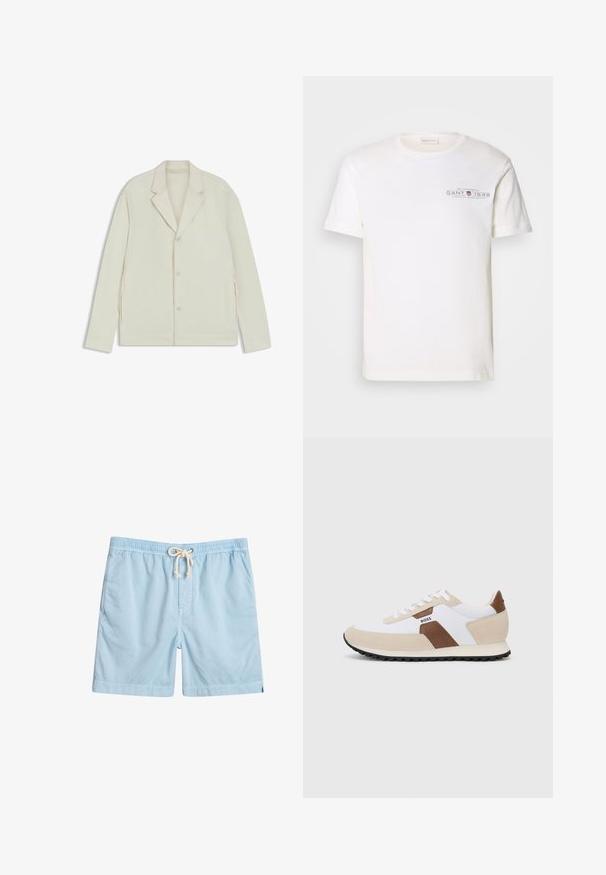 Light beige jacket with a notched lapel, button closure, and side zippers. Made from smooth, textured fabric with a tailored fit.; White cotton t-shirt with a crew neck, short sleeves, and a printed logo. Features minimalist design and relaxed fit.; Light blue swim shorts made of soft fabric, featuring an elastic waistband, front pockets, and a drawstring tie for adjustability.; Sneakers featuring a mix of white mesh and beige suede, with a brown leather accent. Rounded toe, flat rubber sole, and lace-up design.