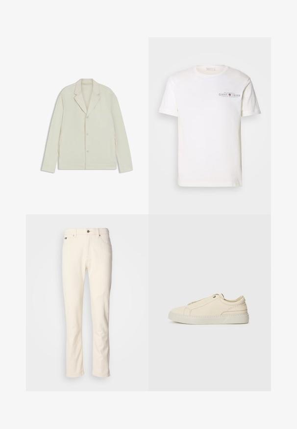 Light beige jacket with a notched lapel, button closure, and side zippers. Made from smooth, textured fabric with a tailored fit.; White cotton t-shirt with a crew neck, short sleeves, and a printed logo. Features minimalist design and relaxed fit.; Off-white straight-leg jeans with button closure, belt loops, and front pockets against a plain background.; Beige leather sneaker with a rounded toe, minimalistic design, subtle stitching details, and a textured upper, on a light sole.