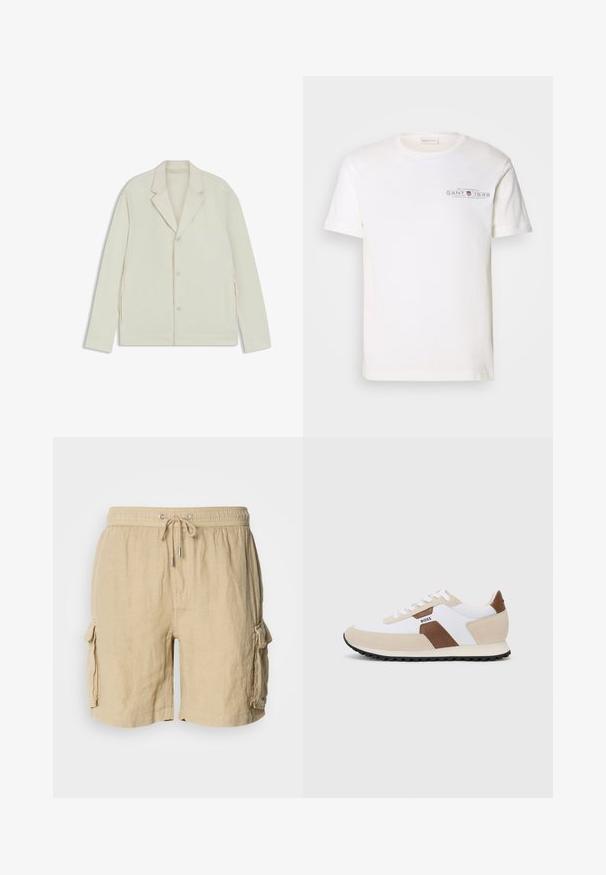 Chaqueta de color beige claro con solapas en pico, cierre de botones y cremalleras laterales. Fabricada con una tela suave y texturizada, con un corte a medida.; Camiseta de algodón blanca con cuello redondo, mangas cortas y un logo impreso. Presenta un diseño minimalista y un corte relajado.; Pantalones cortos cargo beige hechos de un tejido ligero con cintura elástica y cordón ajustable. Presenta dos bolsillos laterales y un acabado texturizado.; Zapatillas que combinan malla blanca y gamuza beige, con un acento de cuero marrón. Punta redondeada, suela de goma plana y diseño con cordones.