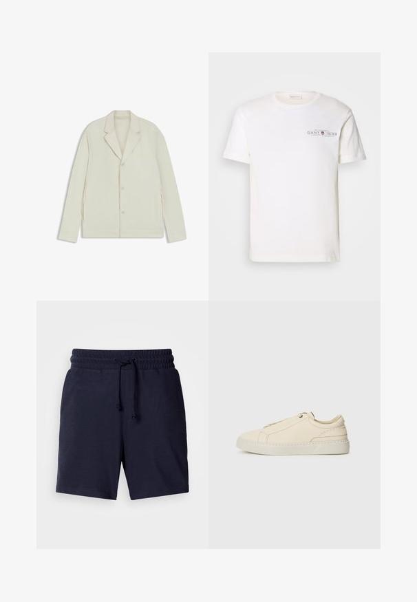 Giacca beige chiaro con rever a taglio, chiusura con bottoni e zip laterali. Realizzata in tessuto liscio e testurizzato con una vestibilità su misura.; T-shirt bianco in cotone con collo rotondo, maniche corte e logo stampato. Presenta un design minimalista e una vestibilità rilassata.; Pantaloni corti blu navy con vestibilità rilassata, vita elasticizzata e cordoncino regolabile. Tessuto leggero con una consistenza liscia.; Sneaker in pelle beige con punta arrotondata, design minimalista, dettagli di cucitura sottili e una parte superiore testurizzata, su una suola chiara.