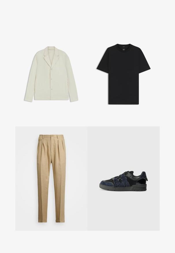 Ljus beige jacka med spetsiga slag, knappstängning och sidodragkedjor. Tillverkad av slätt, texturerat tyg med en skräddarsydd passform.; Svart kortärmad T-shirt i en mjuk bomullsblandning, med rundad halsringning och en minimalistisk design utan mönster eller detaljer.; Beiga linnbyxor med rak passform, med två framveck, knappstängning och sidofickor. Strukturerad tyg med en mjuk yta.; Svarta och marinblå sneakers med mocka och mesh-material, en tjock sula och en framträdande utskuren "M"-detalj på sidan.