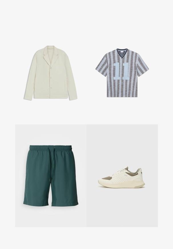 Giacca beige chiaro con rever a taglio, chiusura con bottoni e zip laterali. Realizzata in tessuto liscio e testurizzato con una vestibilità su misura.; T-shirt a righe a maniche corte con sottili strisce blu e grigie. Presenta un collo a V, un audace "11" blu sul davanti e un tessuto testurizzato.; Pantaloni corti verdi, leggeri, con vita elastica e cordoncino, caratterizzati da una texture liscia e tasche laterali per la massima comodità.; Sneaker atletica bianca e beige chiaro, con tomaia in mesh, dettagli perforati e una suola intermedia texturizzata con marchio sul tallone.