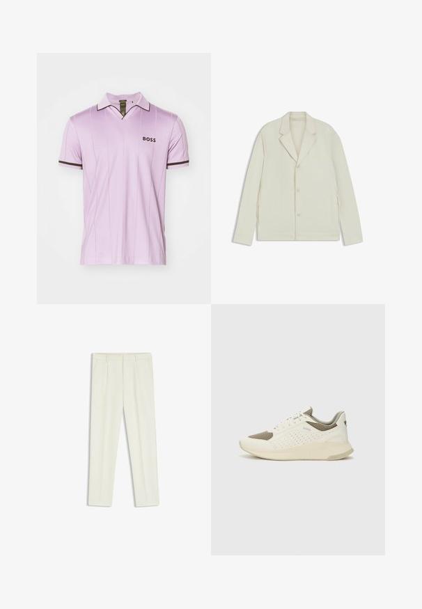 Ljus beige jacka med spetsiga slag, knappstängning och sidodragkedjor. Tillverkad av slätt, texturerat tyg med en skräddarsydd passform.; Lila polo skjorta i ett mjukt material, med en klassisk krage, kontrasterande mörka ränder på ärmarna och en logotyp på bröstet.; Vita skräddarsydda byxor med en slät yta, med framvikt, två sidofickor och rak bendesign.; Vit och ljusbeige atletisk sneaker med ett meshöverdrag, perforerade detaljer och en texturerad mellansula med varumärke på hälen.