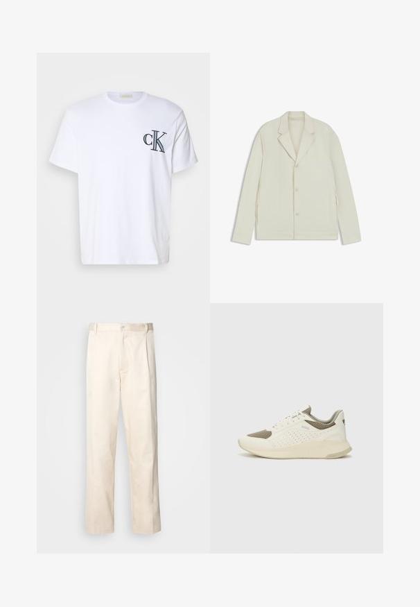Light beige jacket with a notched lapel, button closure, and side zippers. Made from smooth, textured fabric with a tailored fit.; White cotton t-shirt featuring short sleeves and a crew neckline. A black embroidered "CK" logo is positioned on the left chest.; Beige cotton trousers with a straight-leg cut, featuring a button closure and pleats at the front for added detail.; White and light beige athletic sneaker, featuring a mesh upper, perforated detailing, and a textured midsole with branding on the heel.