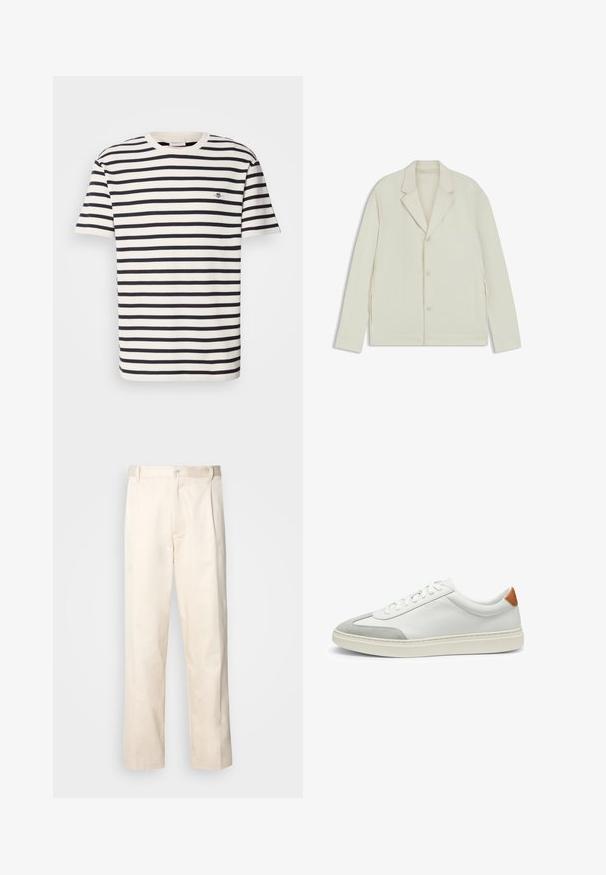 Giacca beige chiaro con rever a taglio, chiusura con bottoni e zip laterali. Realizzata in tessuto liscio e testurizzato con una vestibilità su misura.; T-shirt a maniche corte a righe crema e blu navy, realizzato in cotone. Presenta un colletto a costine e un piccolo logo ricamato sul petto.; Pantaloni in cotone beige con taglio dritto, dotati di chiusura a bottone e pence sul davanti per un tocco di dettaglio in più.; Sneakers bianchi in pelle con accenti in suede grigio e un tallone in pelle beige. Presentano una superficie testurizzata e una suola leggera.